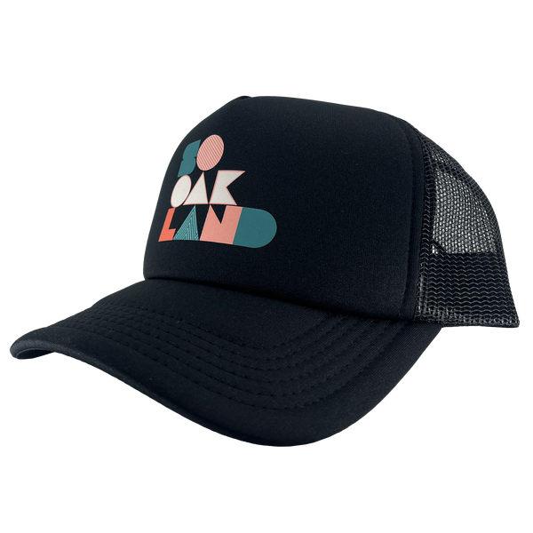 Side view of a black trucker cap with a mesh back and full-color SoOakland wordmark in the crown.