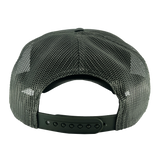 The backside of a cypress green truckers cap with adjustable snapback closure.