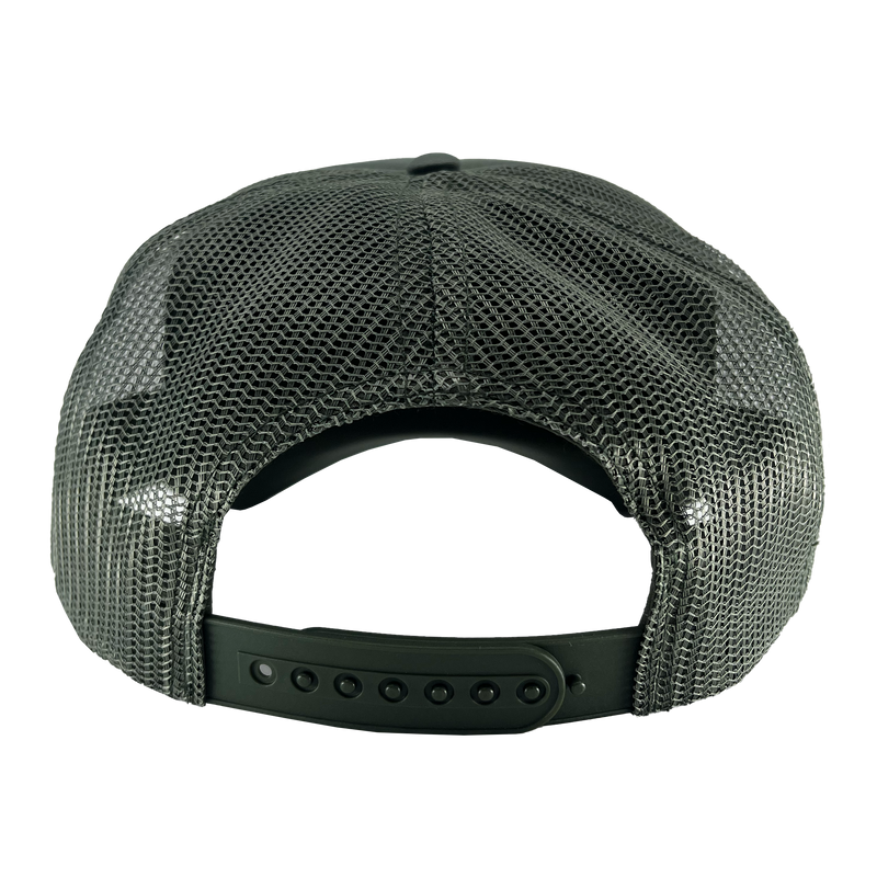 The backside of a cypress green truckers cap with adjustable snapback closure.