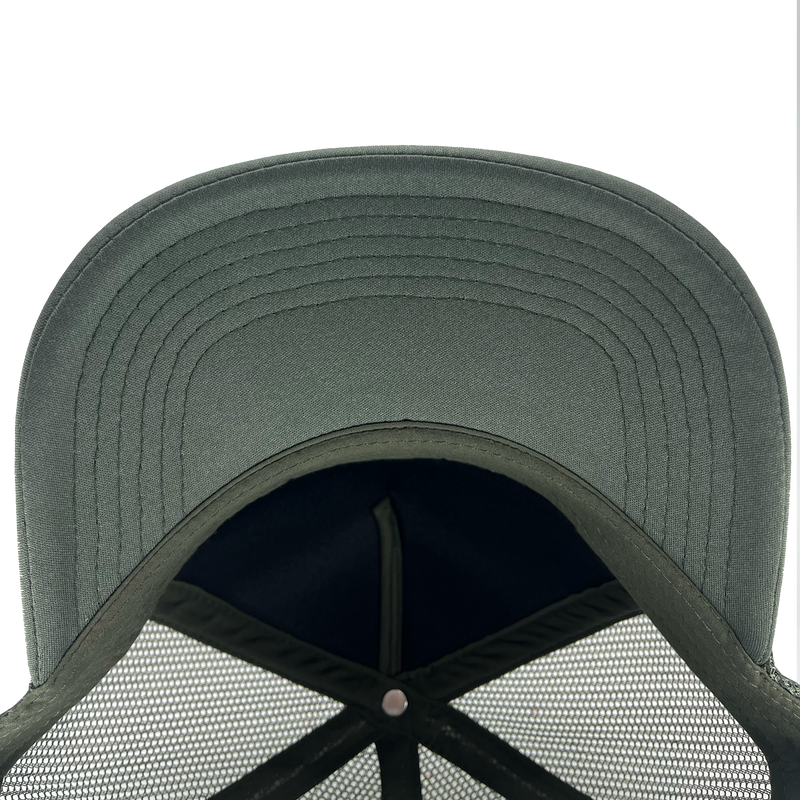 Under visor view of cypress green truckers cap.