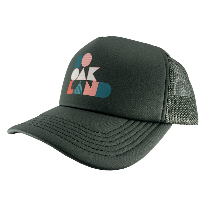 Side view of a cypress trucker cap with a mesh back and full-color SoOakland wordmark in the crown.