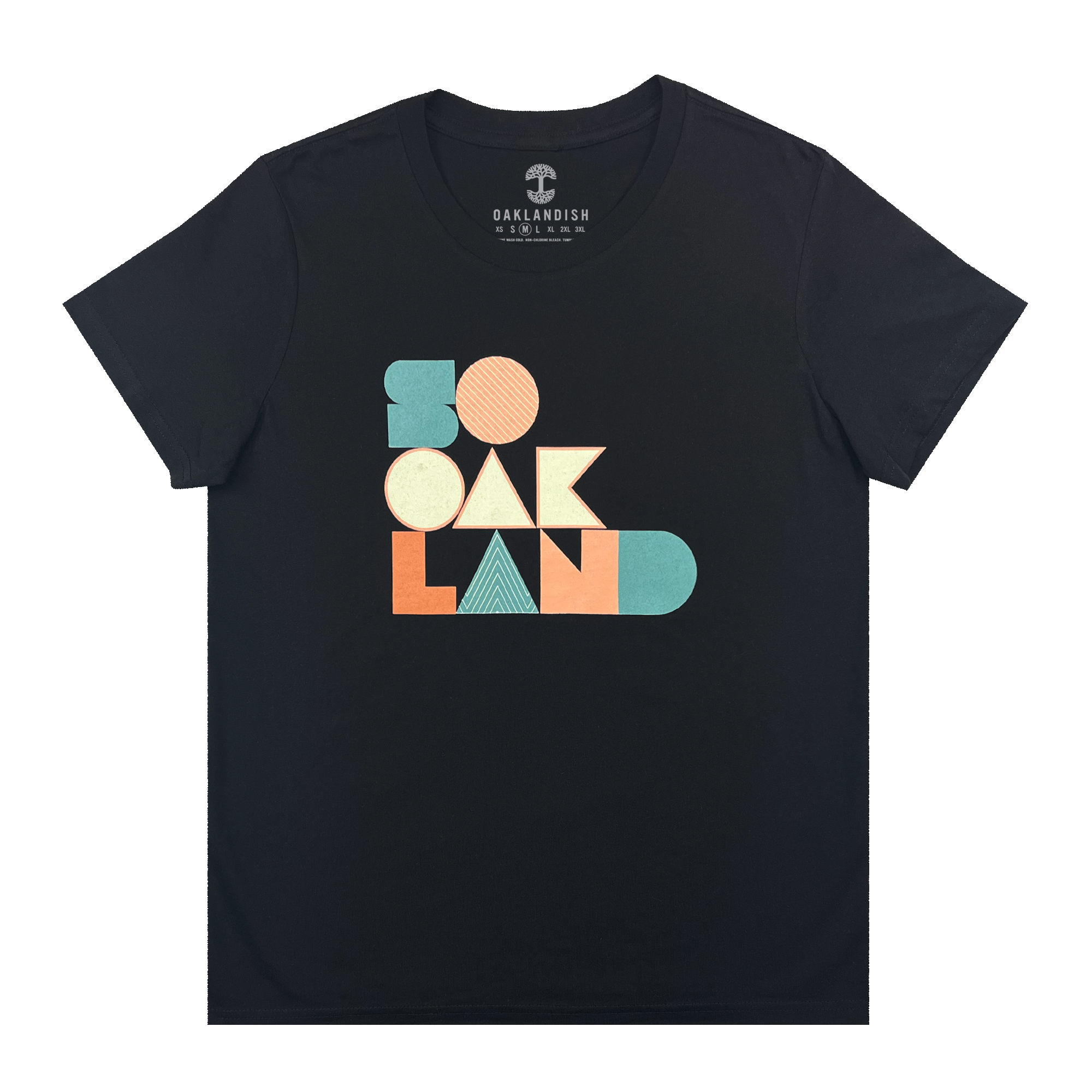 The Women's SoOakland Tee by Oaklandish captures the essence of Oakland culture with its bold, colorful geometric print featuring the words "SO OAKLAND" on a black background. The vibrant text incorporates shades of orange, teal, and blue, while the brand name "OAKLANDISH" is subtly printed in small white letters at the top center.