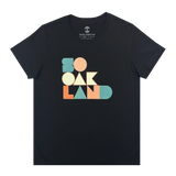 Women’s cut black t-shirt with large SoOakland full-color wordmark on front chest.