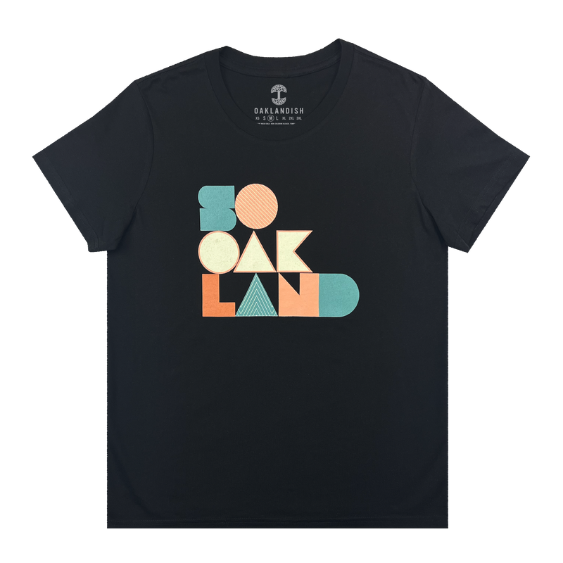 Women’s cut black t-shirt with large SoOakland full-color wordmark on front chest.