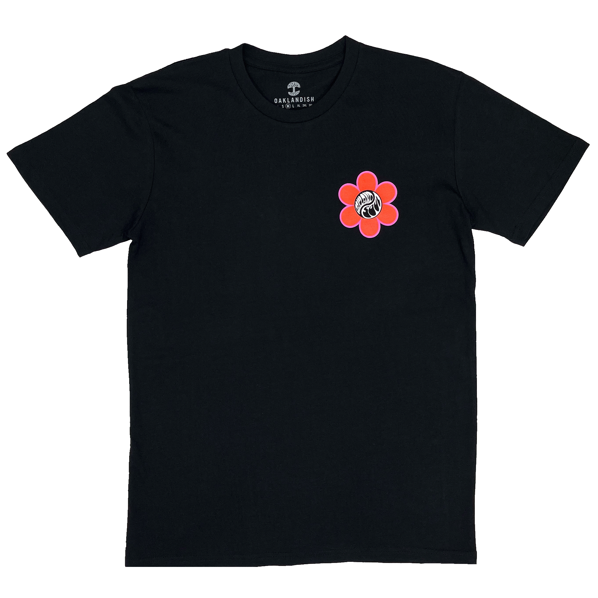 Front view of a black t-shirt with small chest graphic with Oakland Soul wordmark in circular Yin Yang graphic surrounded by red flower power graphic.