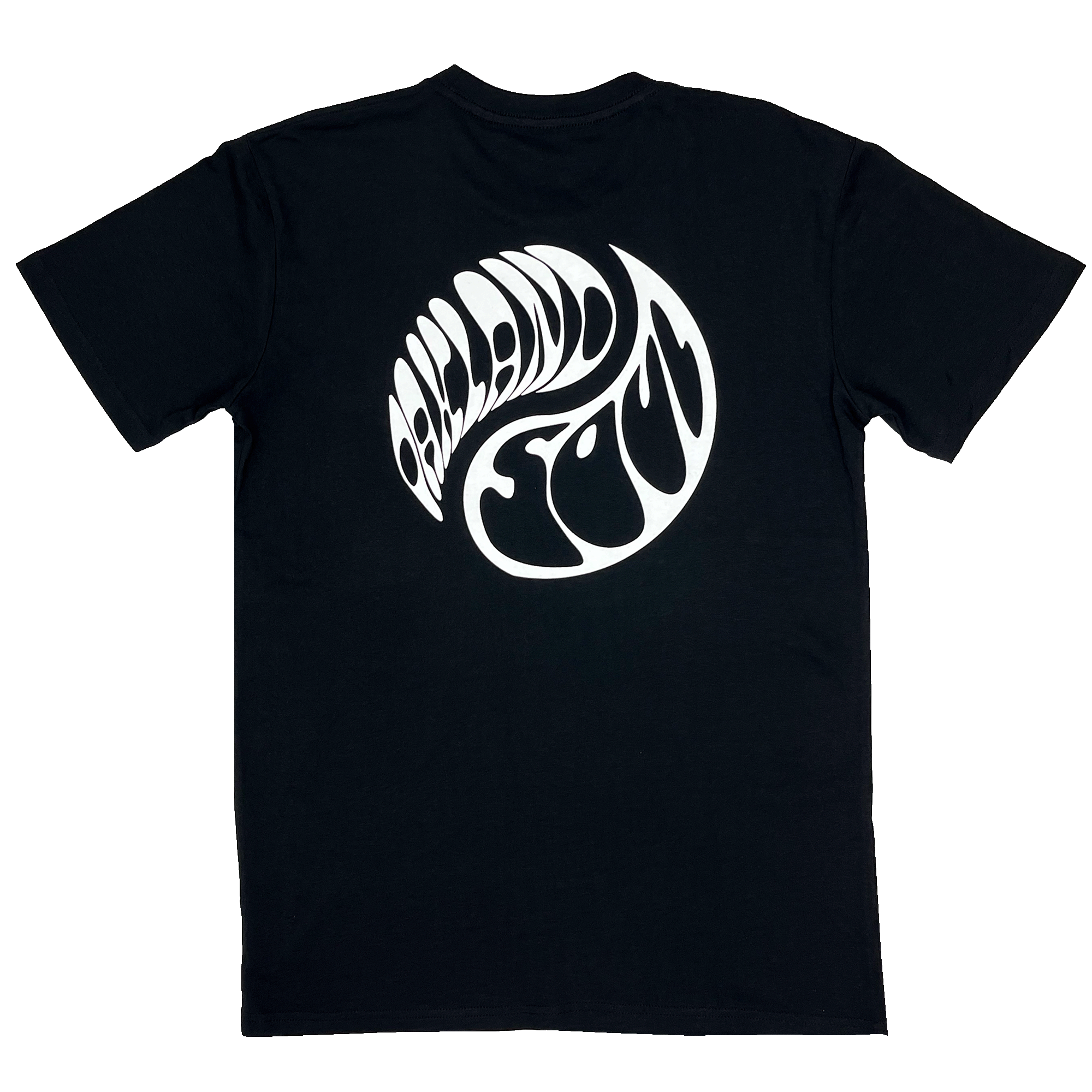 Black t-shirt with white Oakland Soul wordmark in circular Yin Yang graphic. 