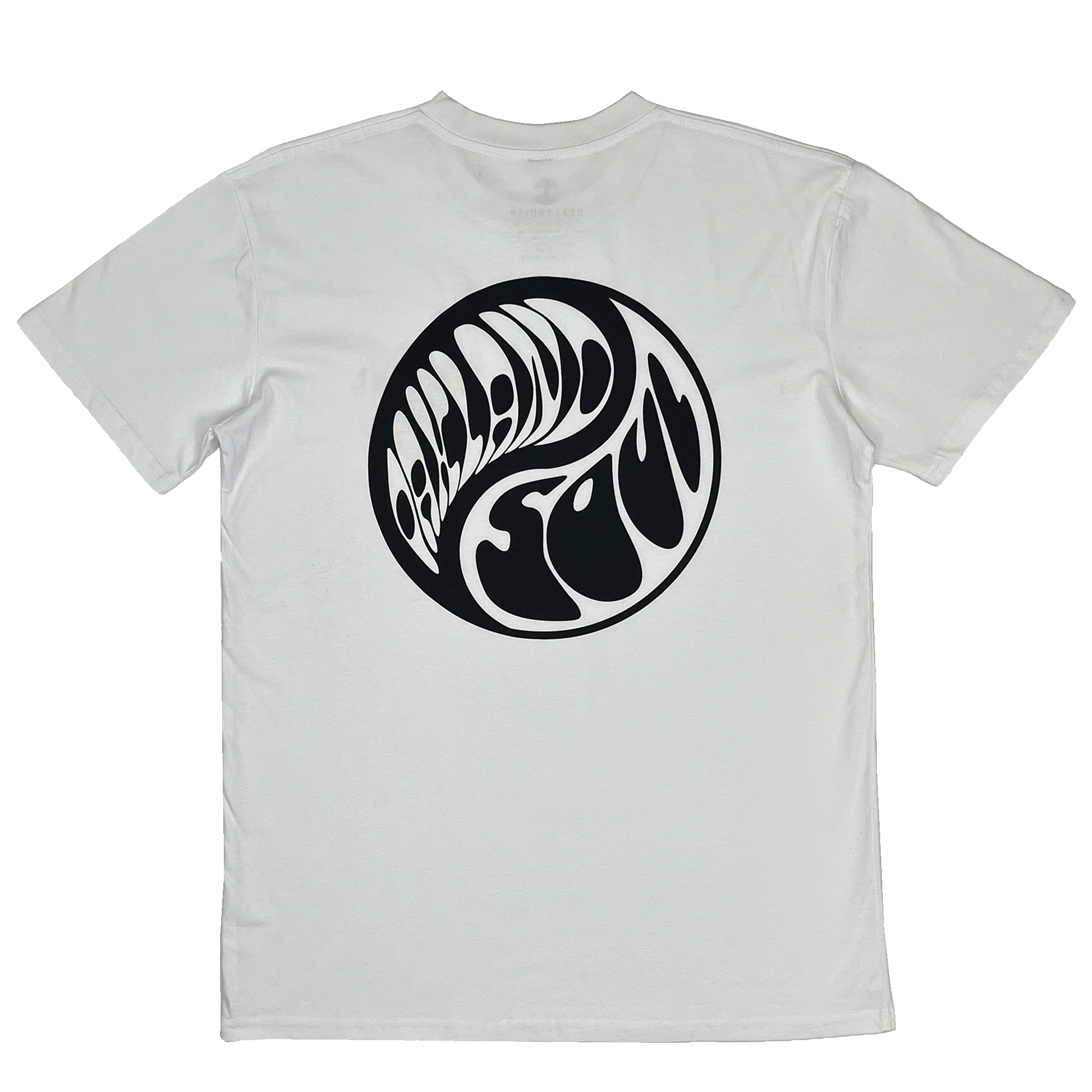 White t-shirt with black Oakland Soul wordmark in circular Yin Yang graphic. 