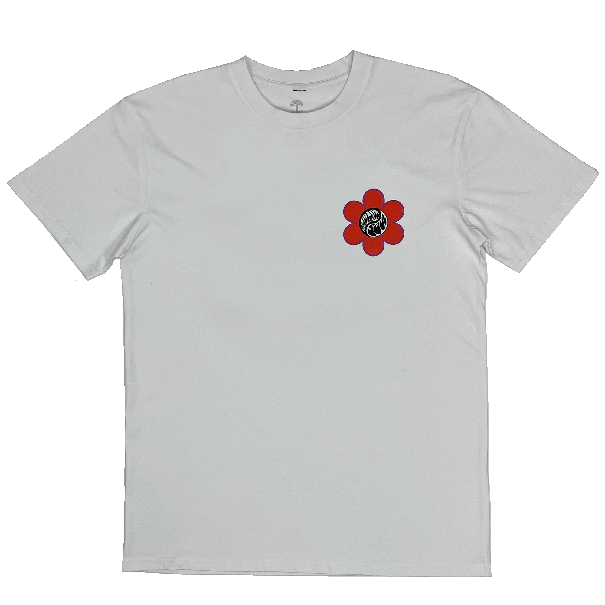 Front view of a white t-shirt with small chest graphic with Oakland Soul wordmark in circular Yin Yang graphic surrounded by red flower power graphic.
