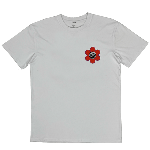 Front view of a white t-shirt with small chest graphic with Oakland Soul wordmark in circular Yin Yang graphic surrounded by red flower power graphic.