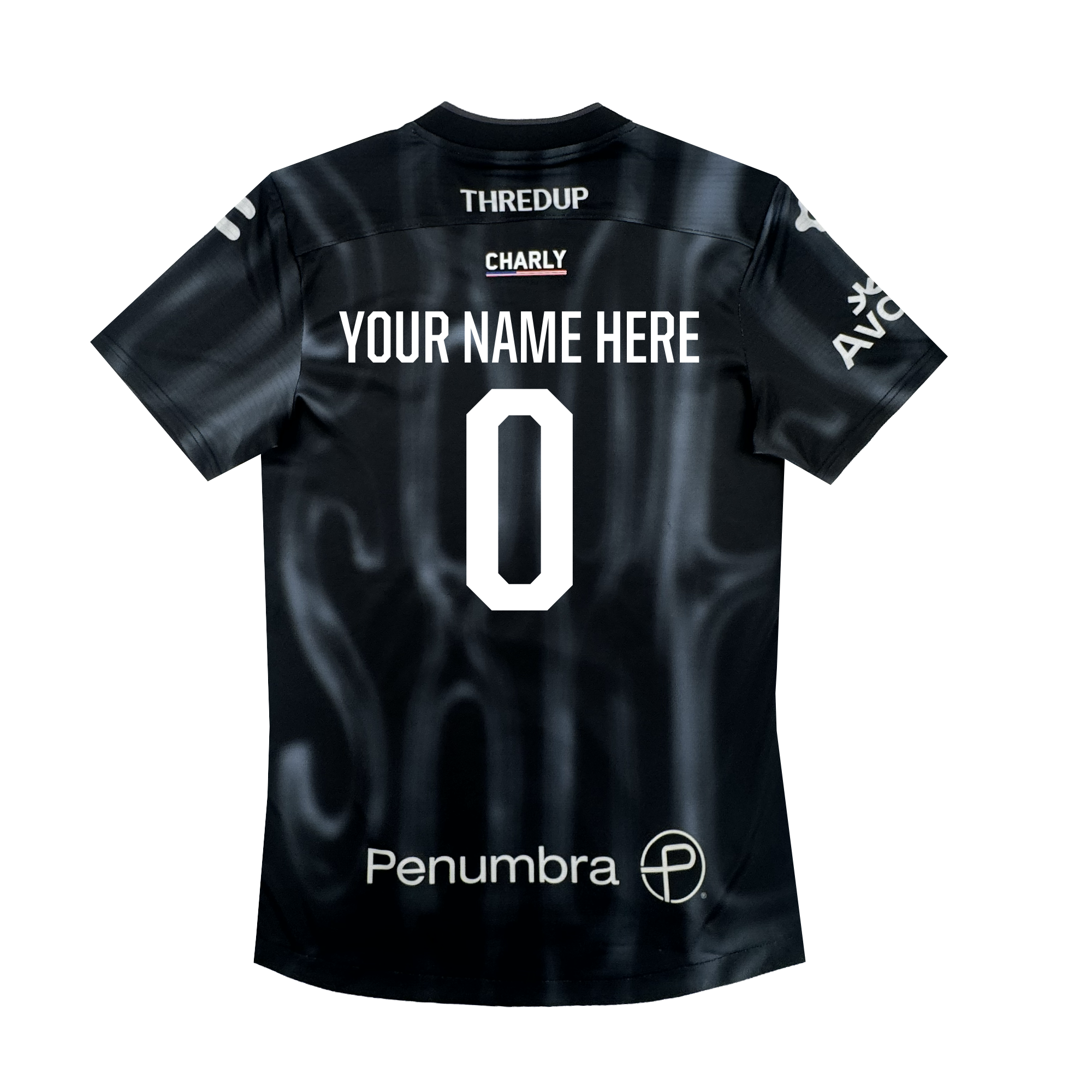 The Custom 2026 OAKLAND SOUL SC SPIRIT JERSEY by Oakland Soul features a black design with “YOUR NAME HERE” in bold white text above a large number 0 on the back, plus sponsor logos on the shoulders and lower back.