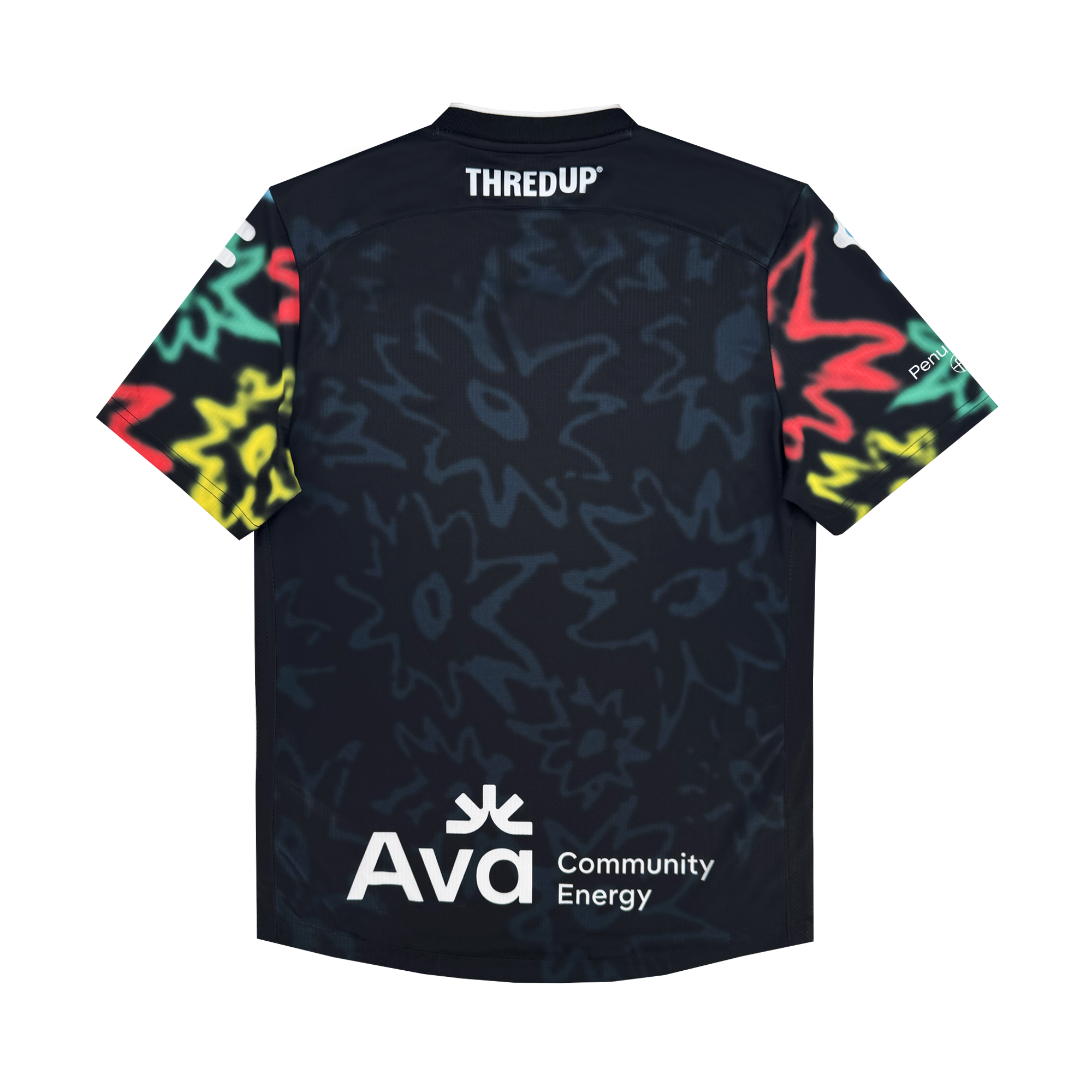 A black Oakland Soul Unisex Soul Bloom Kit sports jersey features vibrant floral tie-dye sleeves, "THREDUP" on the upper back, "Ava Community Energy" in white at the lower back, and a small white "Parcels" logo on the right sleeve.