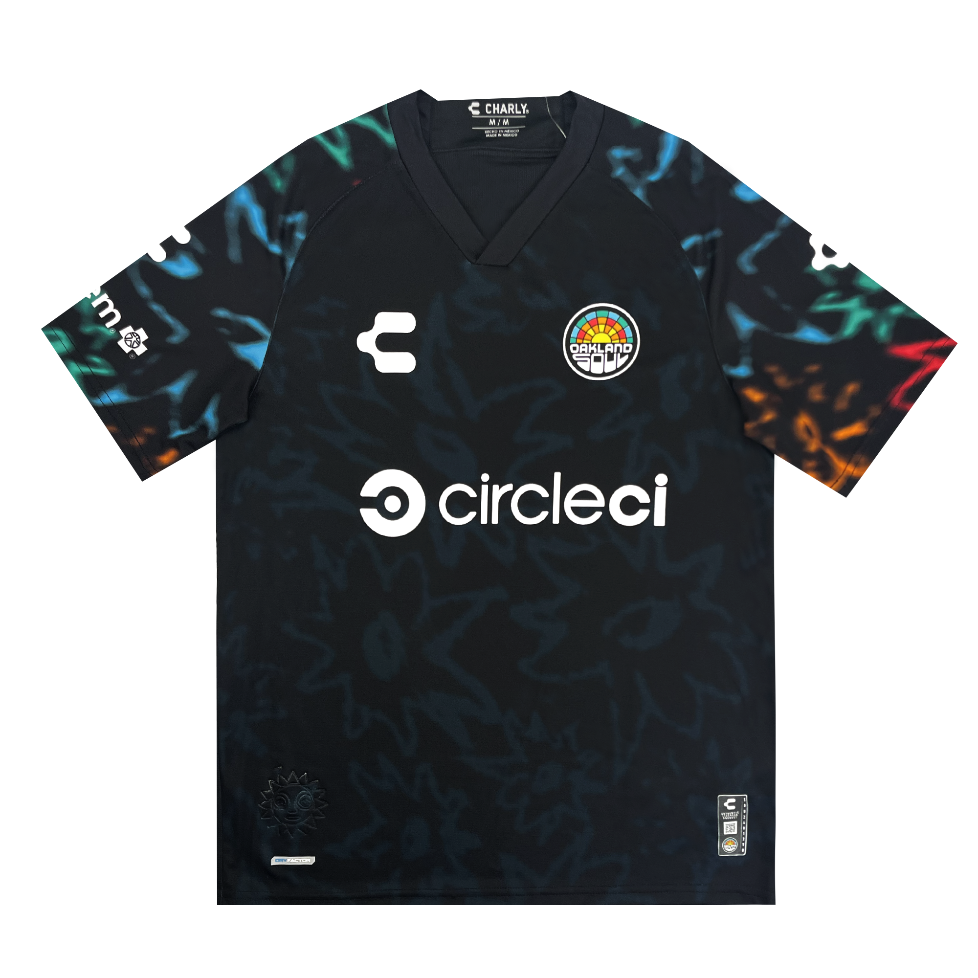Front view of black unisex Oakland Soul SC Home jersey with Multicolor sleeve details.