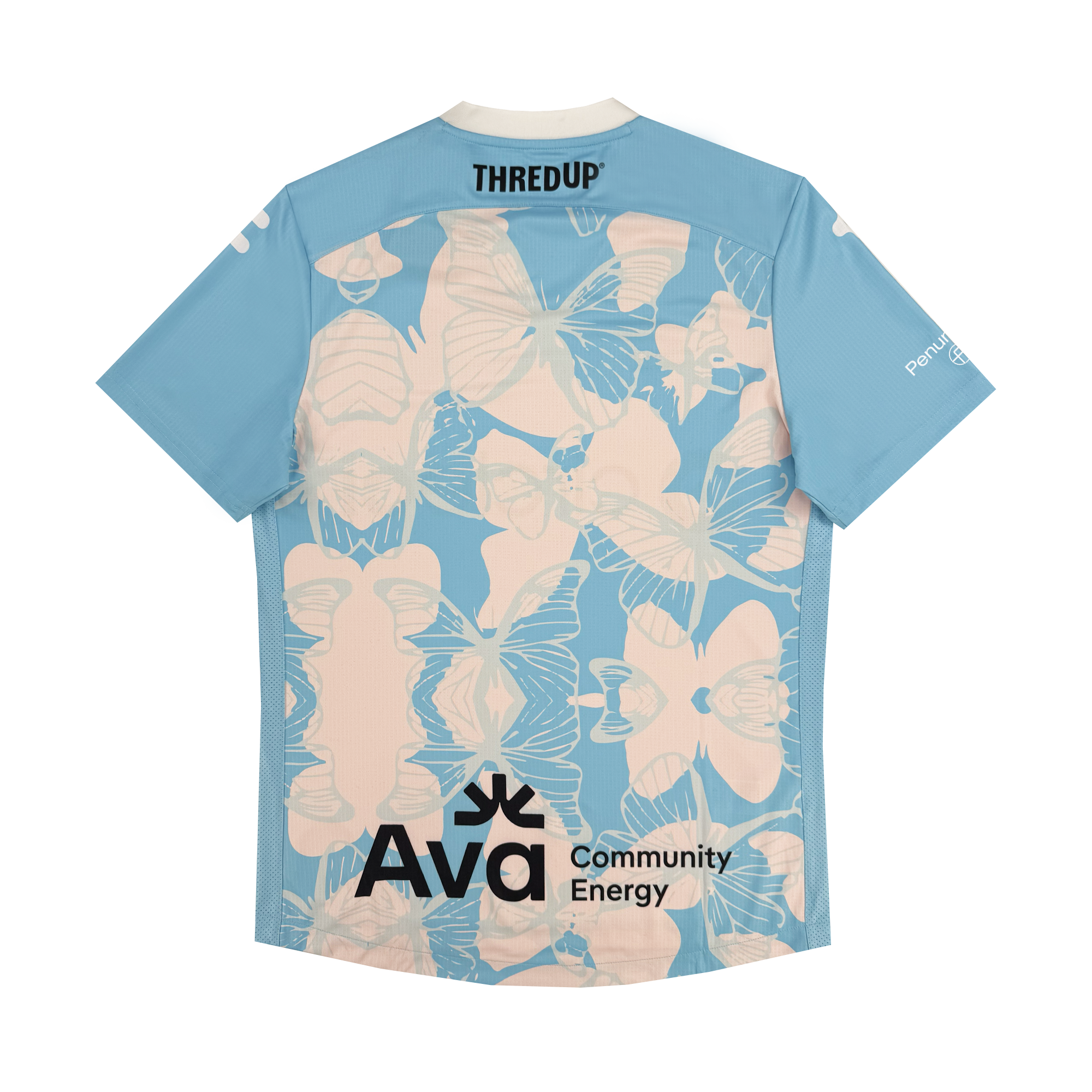 The Unisex Butterfly Effect Kit by Oakland Soul is a light blue soccer jersey with a large peach and cream butterfly pattern on the back, white collar, "THREDUP" at the top, and "Ava Community Energy" above the hem in bold black letters.