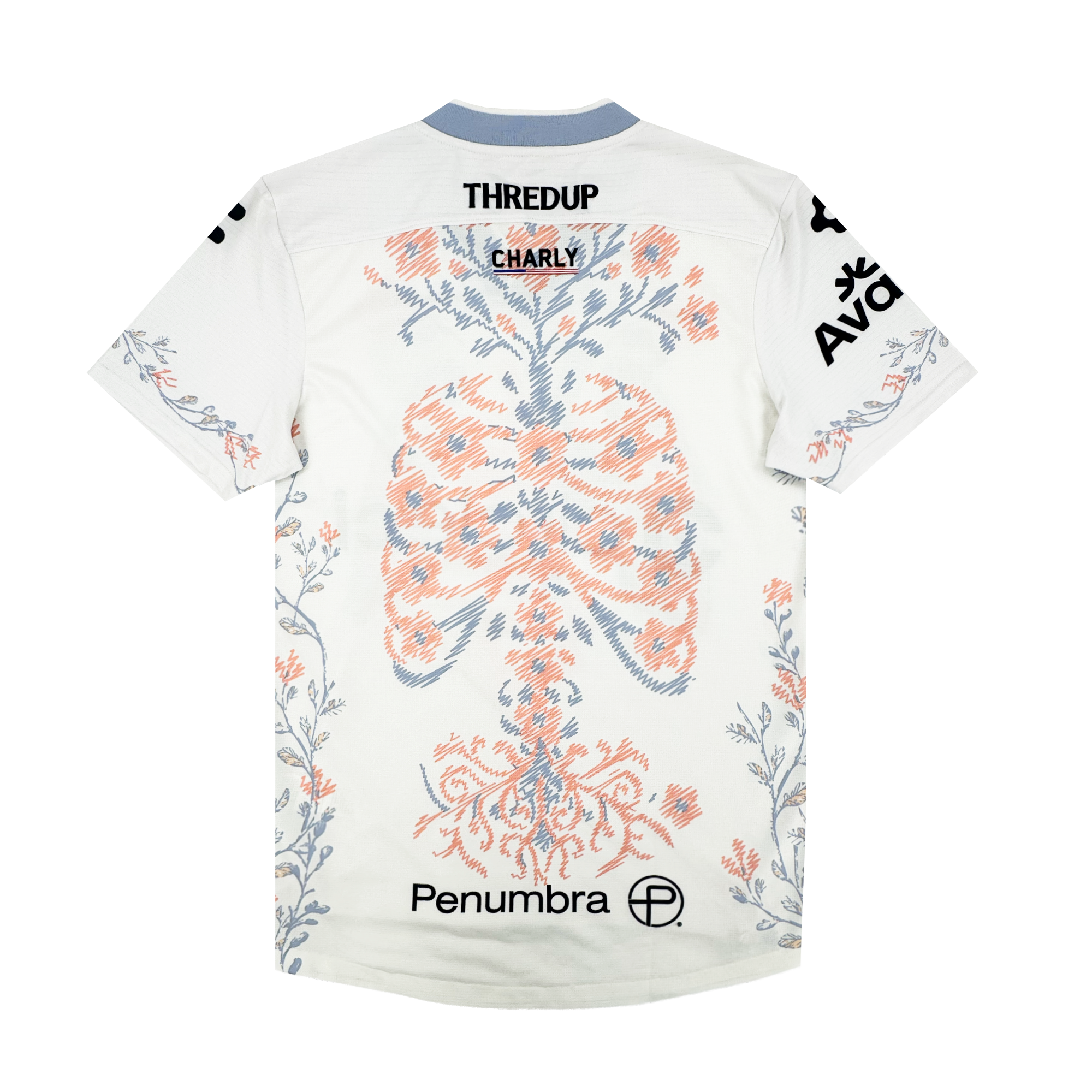 The 2026 OAKLAND SOUL SC FORM JERSEY by Oakland Soul is a white short-sleeve polyester top with blue and orange ribcage and spine details, botanical patterns, and “THREDUP” plus “Penumbra” logos on the back and sleeves.