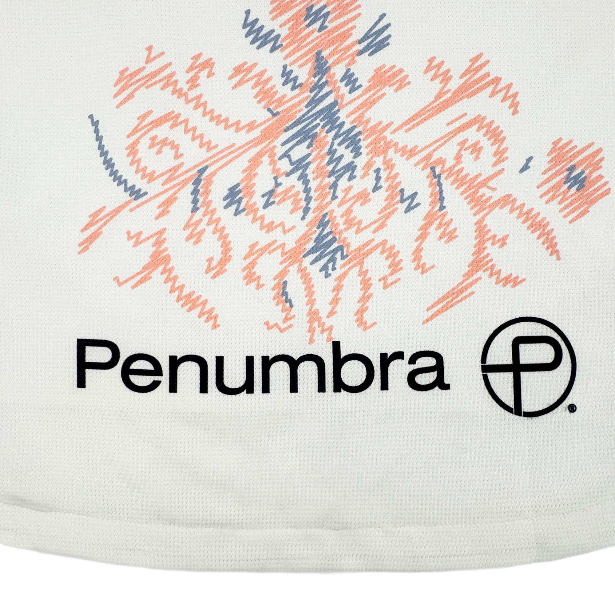 The Custom 2026 OAKLAND SOUL SC FORM JERSEY by Oakland Soul is white with pink and navy zigzag embroidery in a symmetrical pattern. Below, "Penumbra" is printed in black next to a circular logo featuring a capital "P.