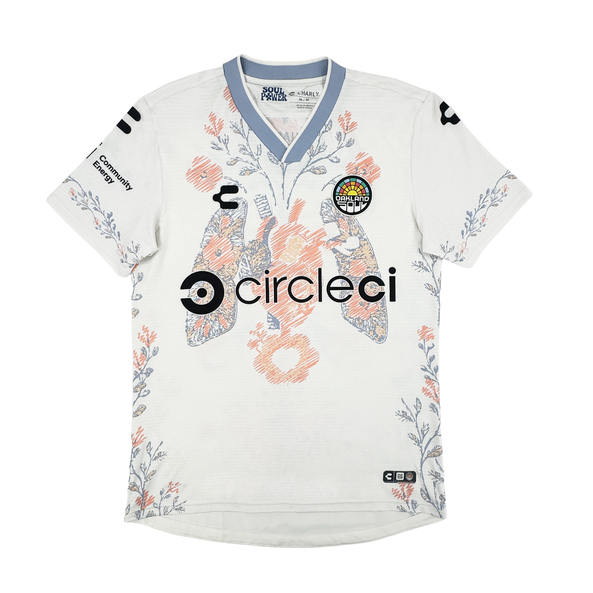 The Custom 2026 OAKLAND SOUL SC FORM JERSEY by Oakland Soul is a white short-sleeve top with orange and blue floral and koi fish graphics, circleci sponsor logos, pale blue collar/sleeves, and black logo patches on shoulders and chest.