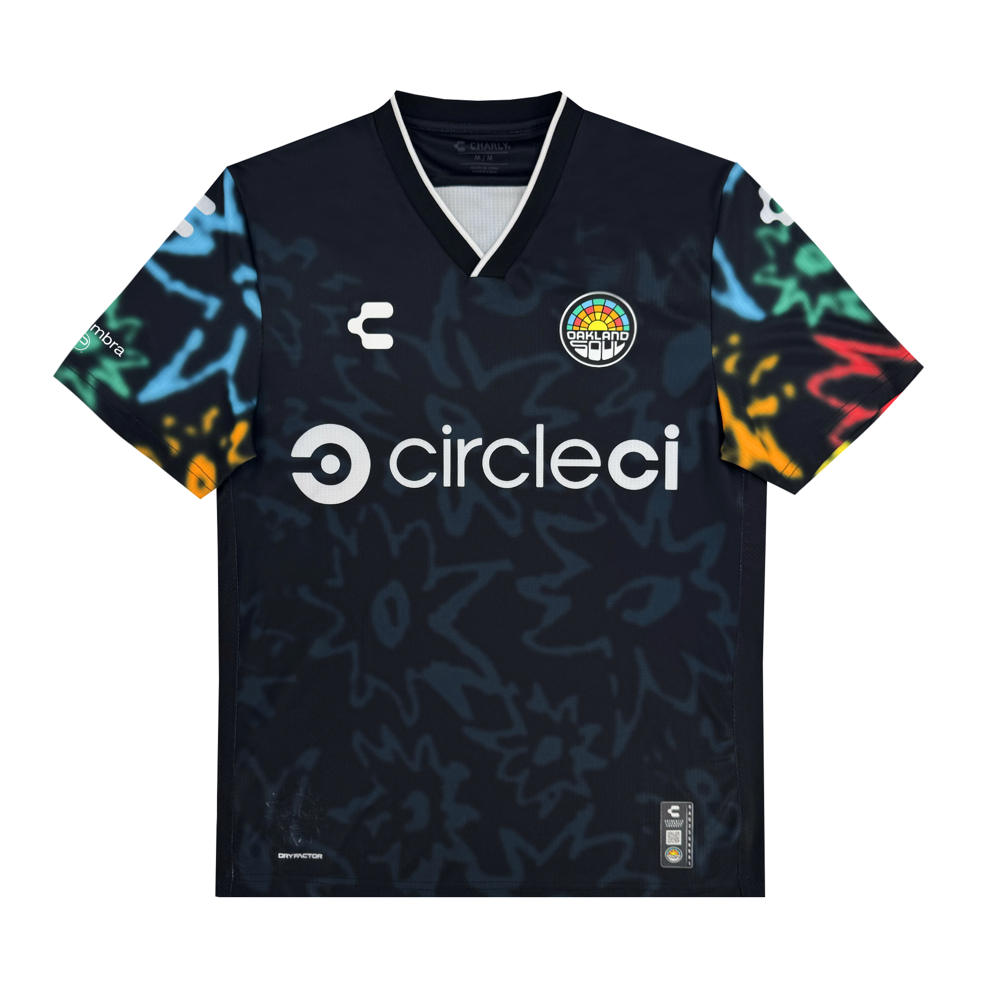 The Unisex Soul Bloom Kit by Oakland Soul showcases vibrant floral tie-dye sleeves, the Oakland Roots SC logo on the left chest, a white “circleci” sponsor at center, and crisp white brand logos on the right chest and left sleeve.