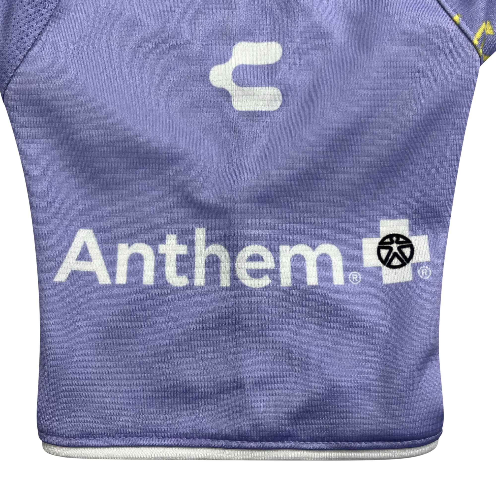 Right sleeve detailed view of lavender color Oakland Soul x Charly soccer jersey.