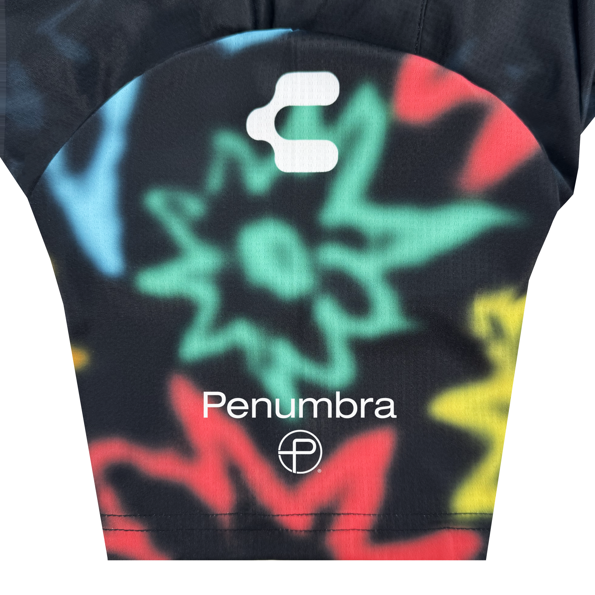 A close-up of an Oakland Soul fabric sleeve from the Custom The Soul Bloom Kit features colorful, blurred flower-like shapes on black, with visible white "Penumbra" text, a circular "P" logo, and a white abstract symbol near the top.
