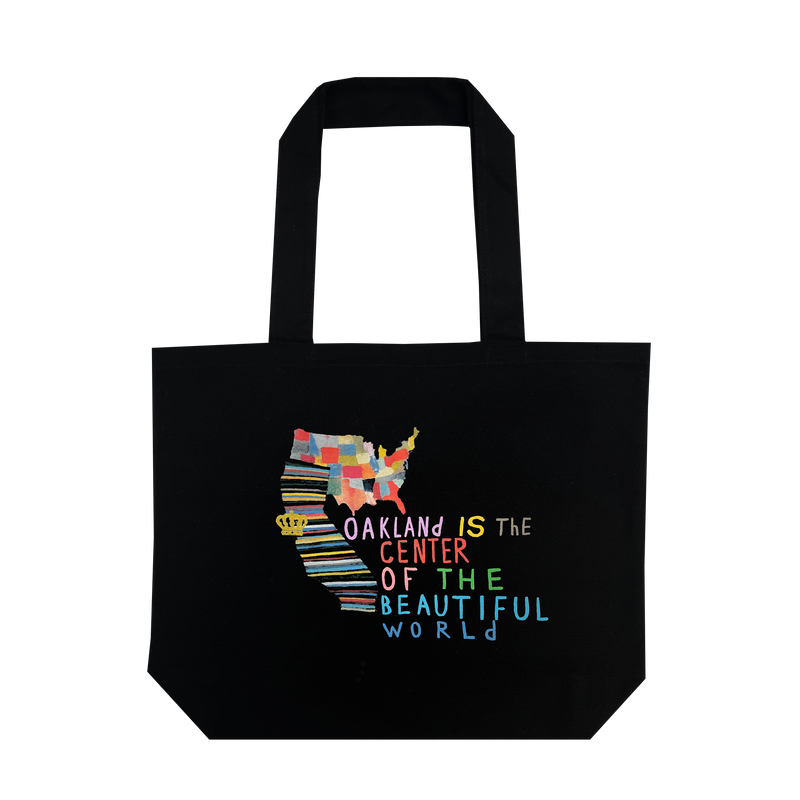 Oakland Is the Center of World mural art by contemporary artist Squeak Carnwath on a black cotton shopping tote.
