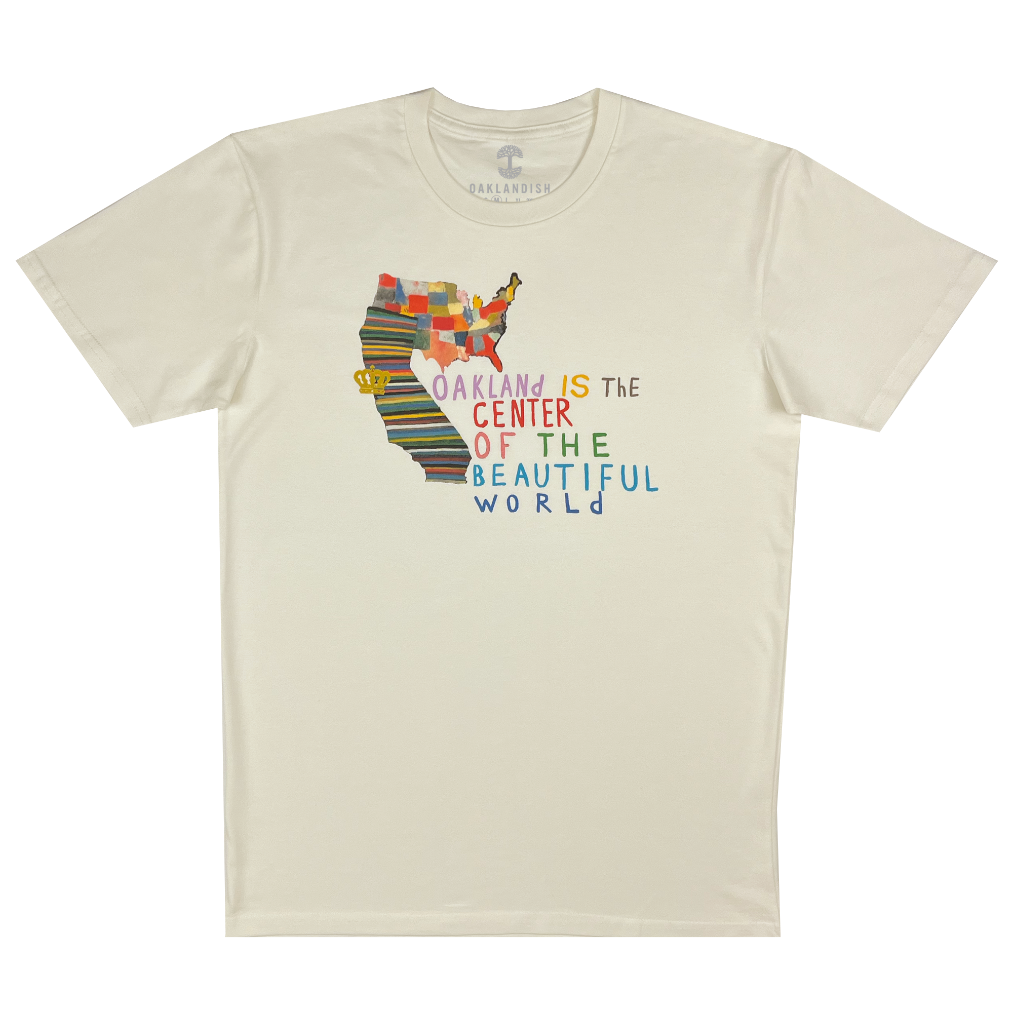 Oakland Is the Center of World mural art by contemporary artist Squeak Carnwath on a natural cotton t-shirt.