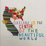 Close-up of Oakland Is the Center of World mural art by contemporary artist Squeak Carnwath on a cream colored cotton shopping tote bag.