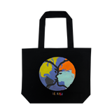 Be Kind Oakland mural art by contemporary artist Squeak Carnwath on a black cotton shopping tote bag.