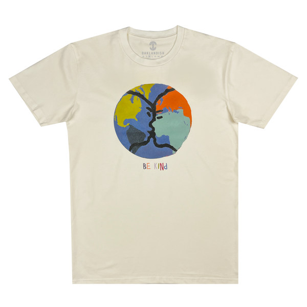 Be Kind Oakland mural art by contemporary artist Squeak Carnwath on a natural cotton colored t-shirt.