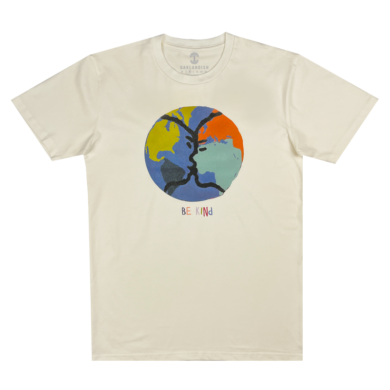 Be Kind Oakland mural art by contemporary artist Squeak Carnwath on a natural cotton colored t-shirt.