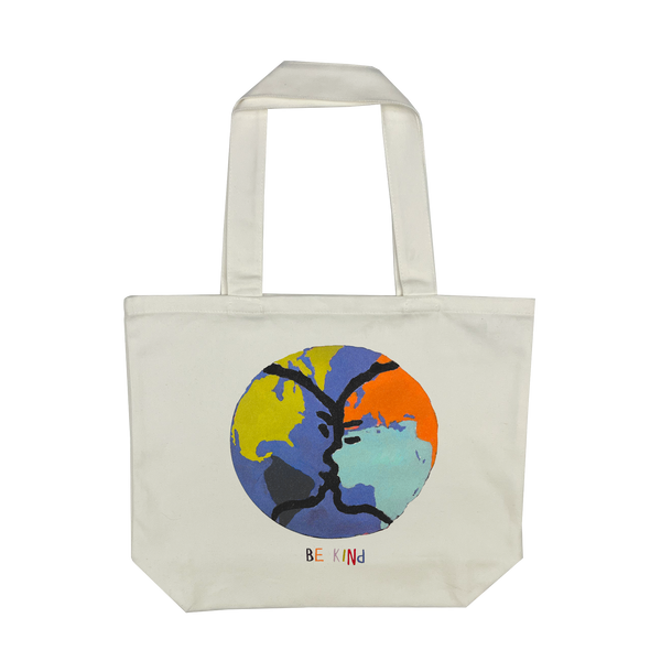Be Kind Oakland mural art by contemporary artist Squeak Carnwath on a cream-colored shopping tote.