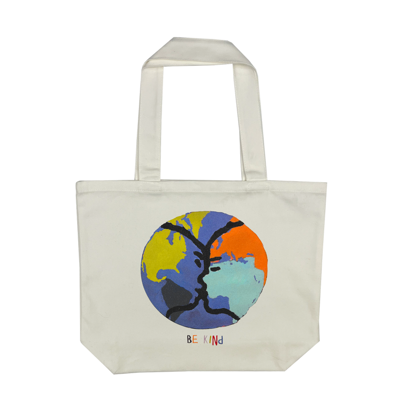 Be Kind Oakland mural art by contemporary artist Squeak Carnwath on a cream-colored shopping tote.