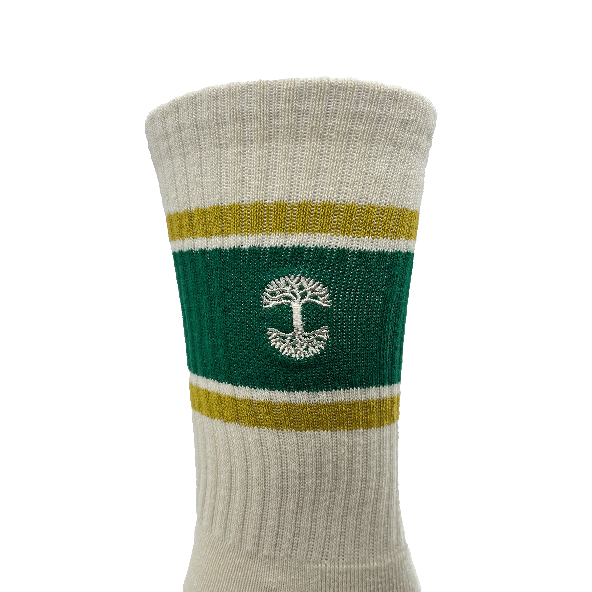 Close-up of embroidered small white Oaklandish tree logo on the side of an off-white crew sock with green and gold stripes on the calf.