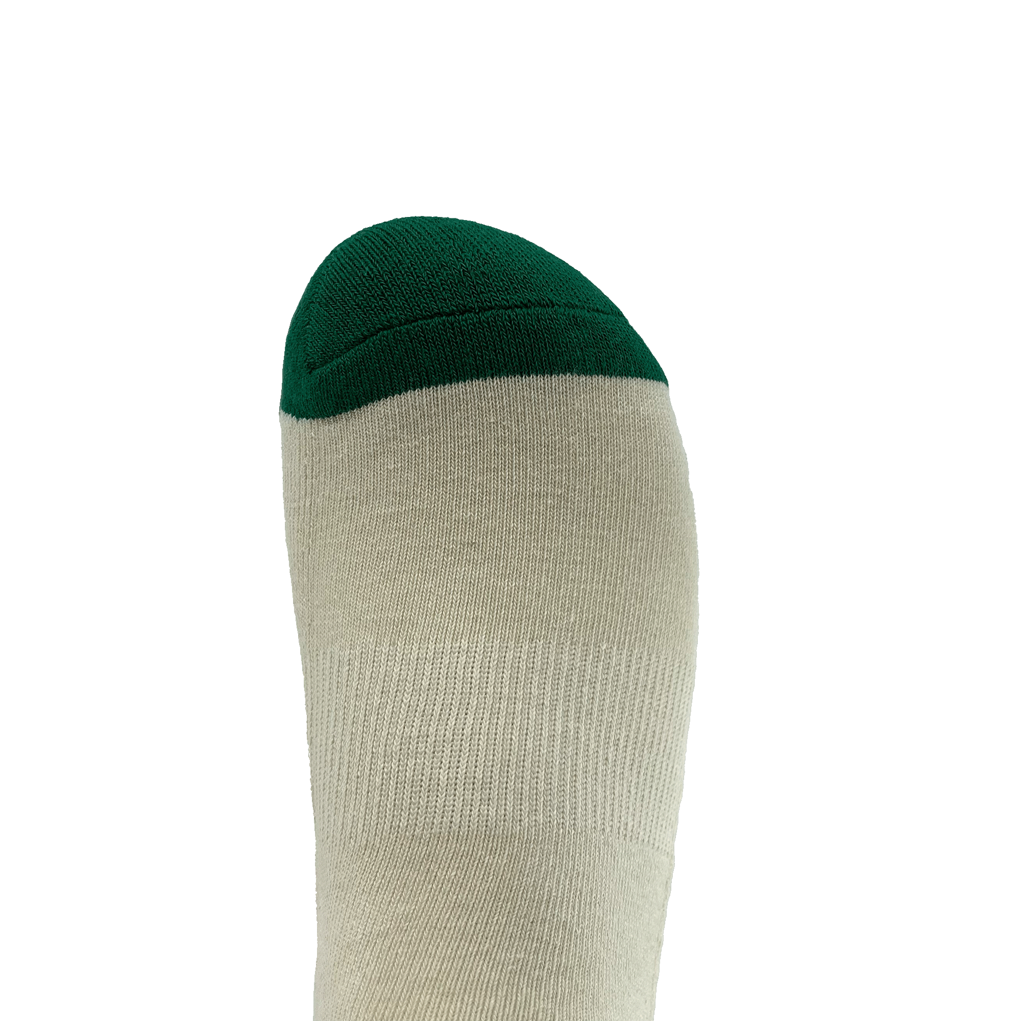 Close-up of the toe of an off-white Oaklandish crew sock with a green toe bed.