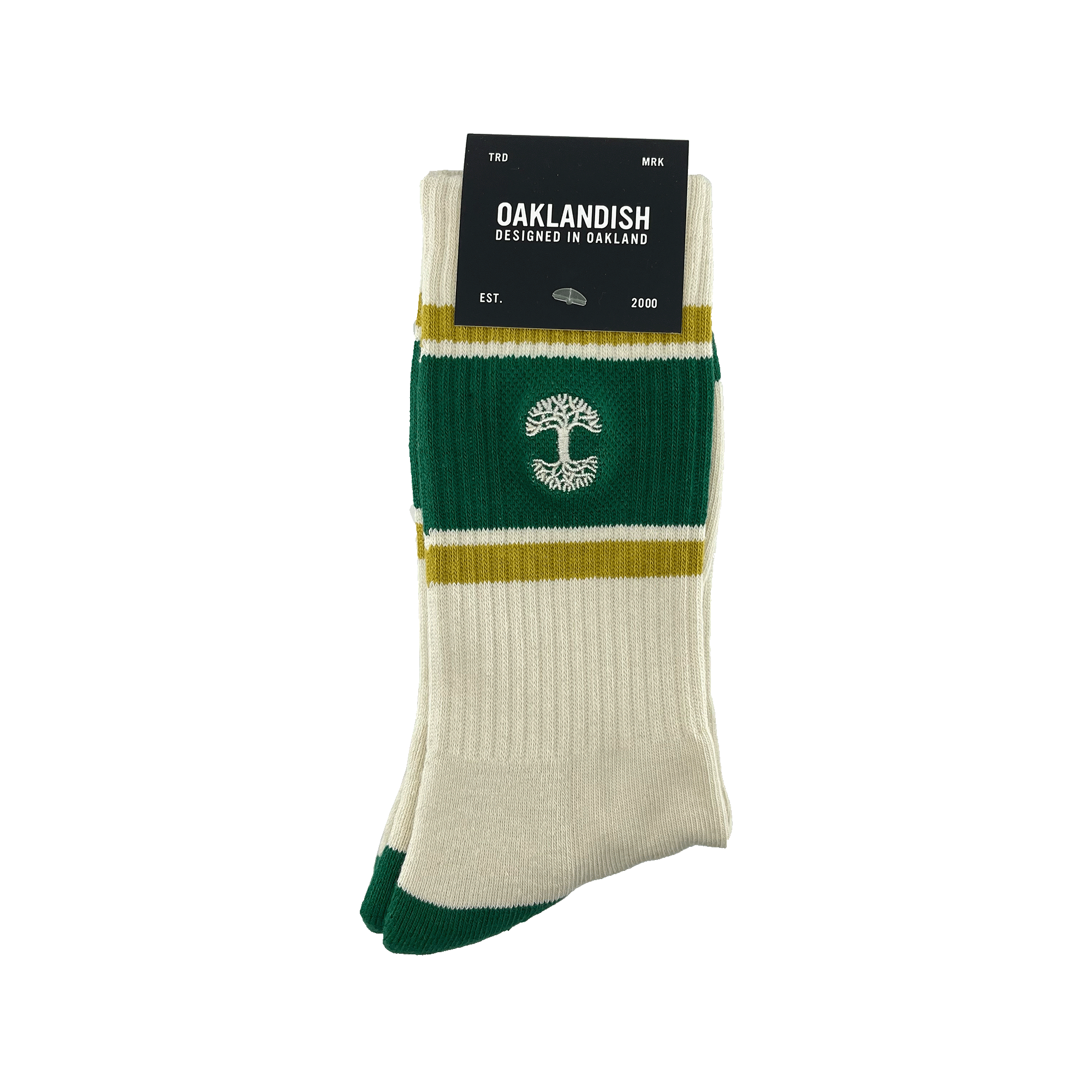 Pair folded off-white crew socks in Oaklandish packaging with an embroidered white Oaklandish tree logo and green and gold stripes on the calves.