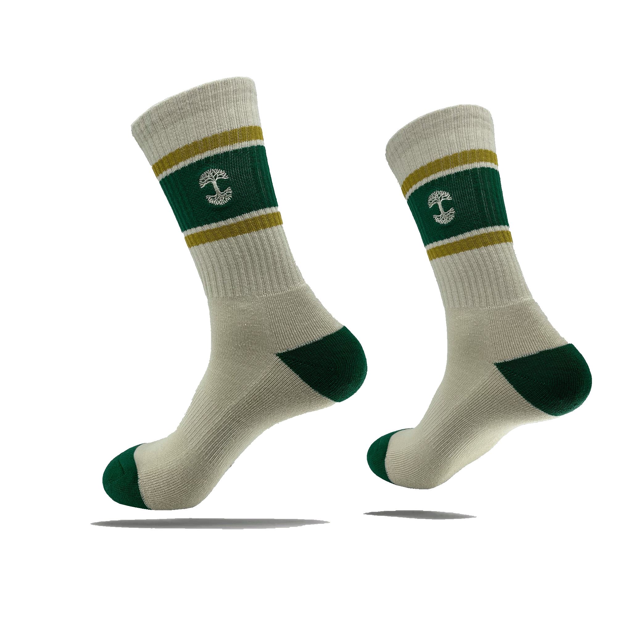 Side view of off-white crew socks with green and gold stripes and a small embroidered white Oaklandish tree logo on the calves.