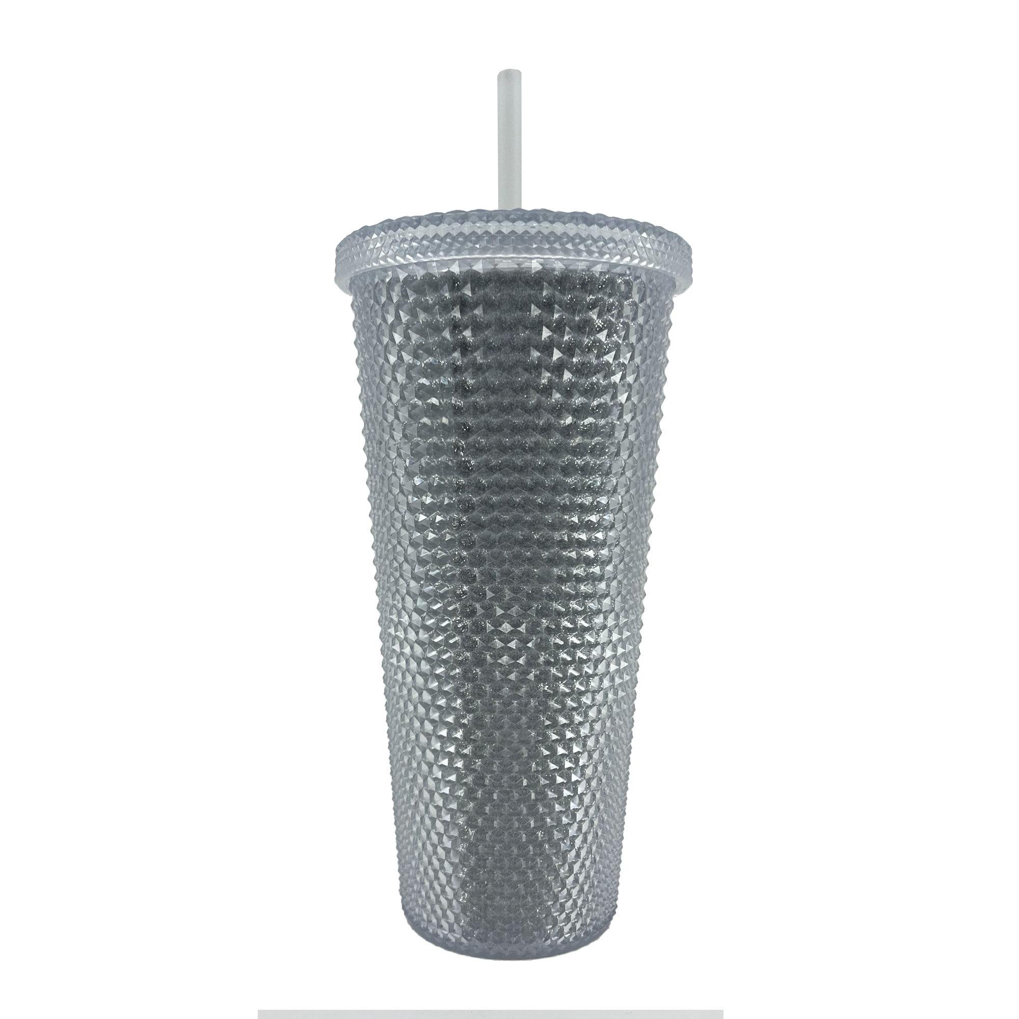 The backside of a silver-studded Oaklandish bling travel tumbler with lid and straw.