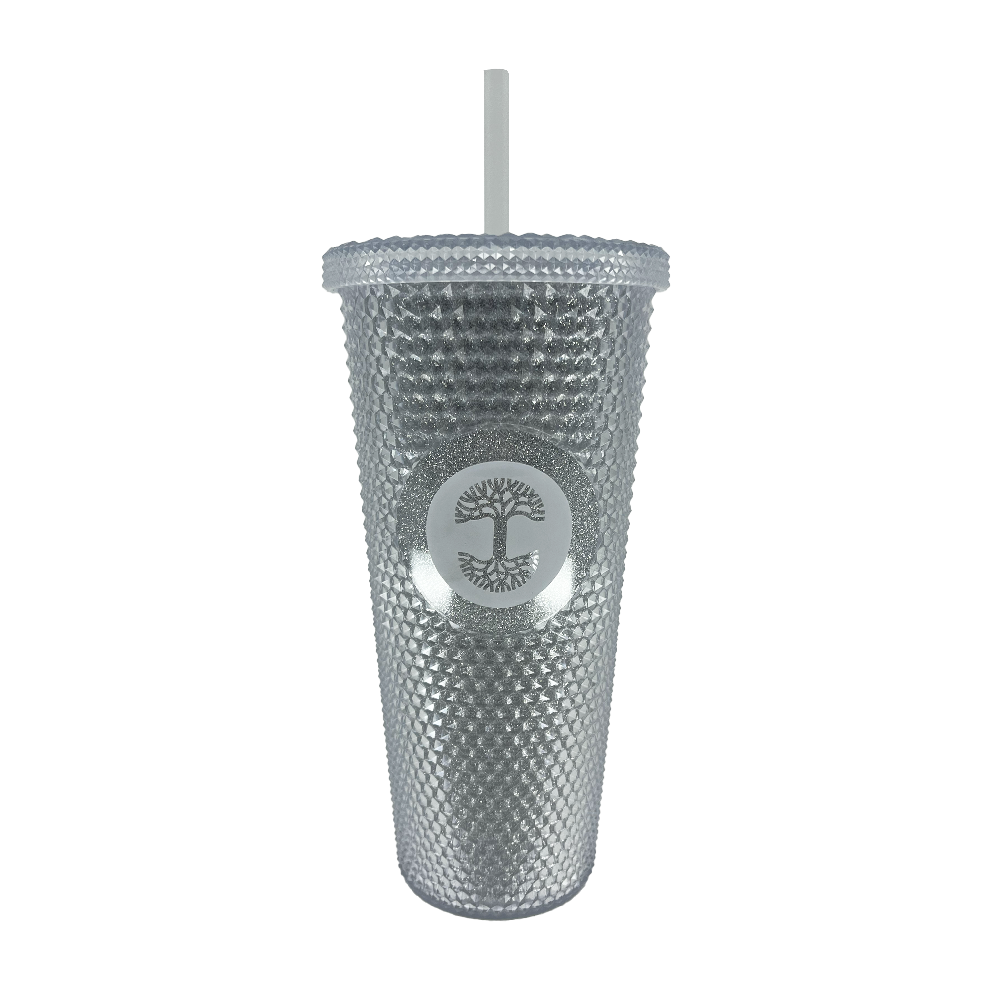 Silver studded bling travel tumbler with lid and straw and Oaklandish tree logo.