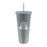 Silver studded bling travel tumbler with lid and straw and Oaklandish tree logo.