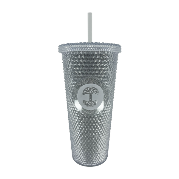 Silver studded bling travel tumbler with lid and straw and Oaklandish tree logo.
