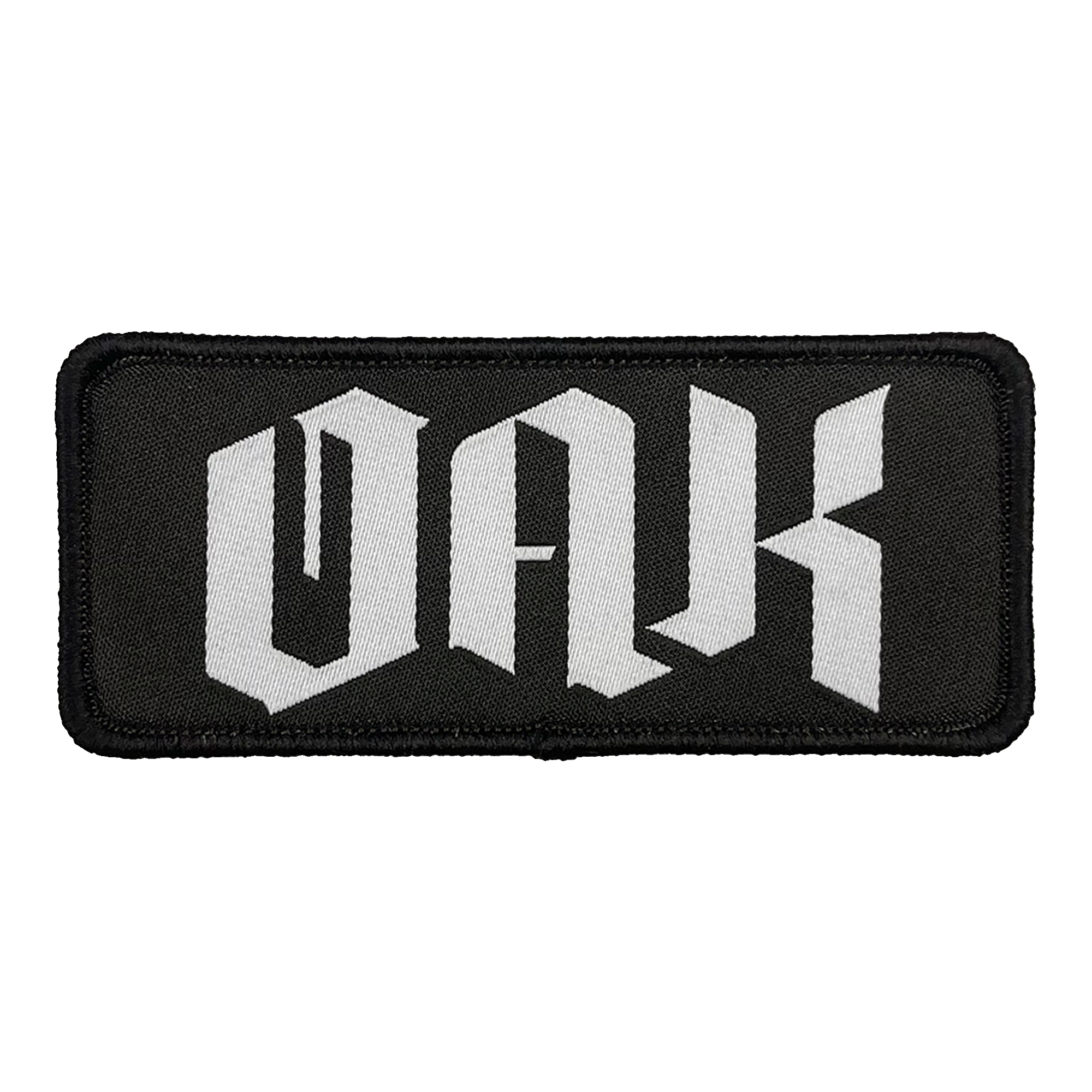 Woven black iron-on patch with white OAK wordmark in drip.