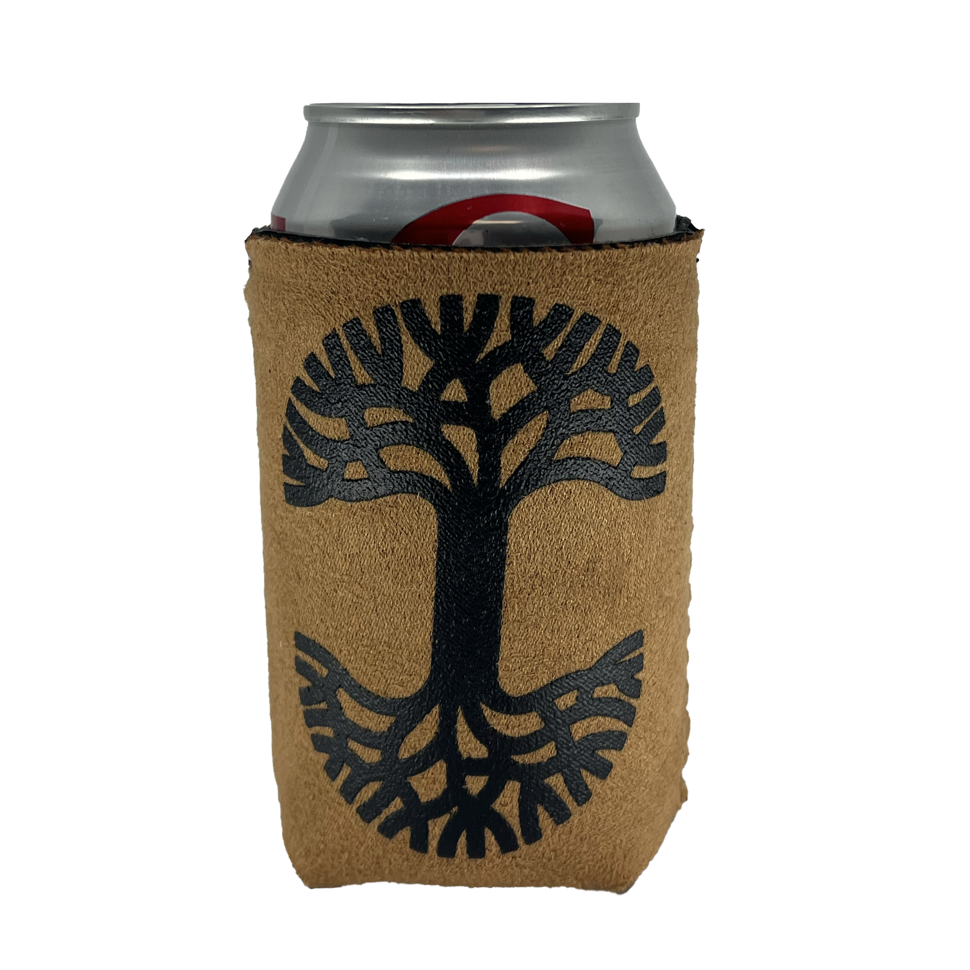 Suede feeling brown can cooler drink sleeve with black Oaklandish tree logo on the front.