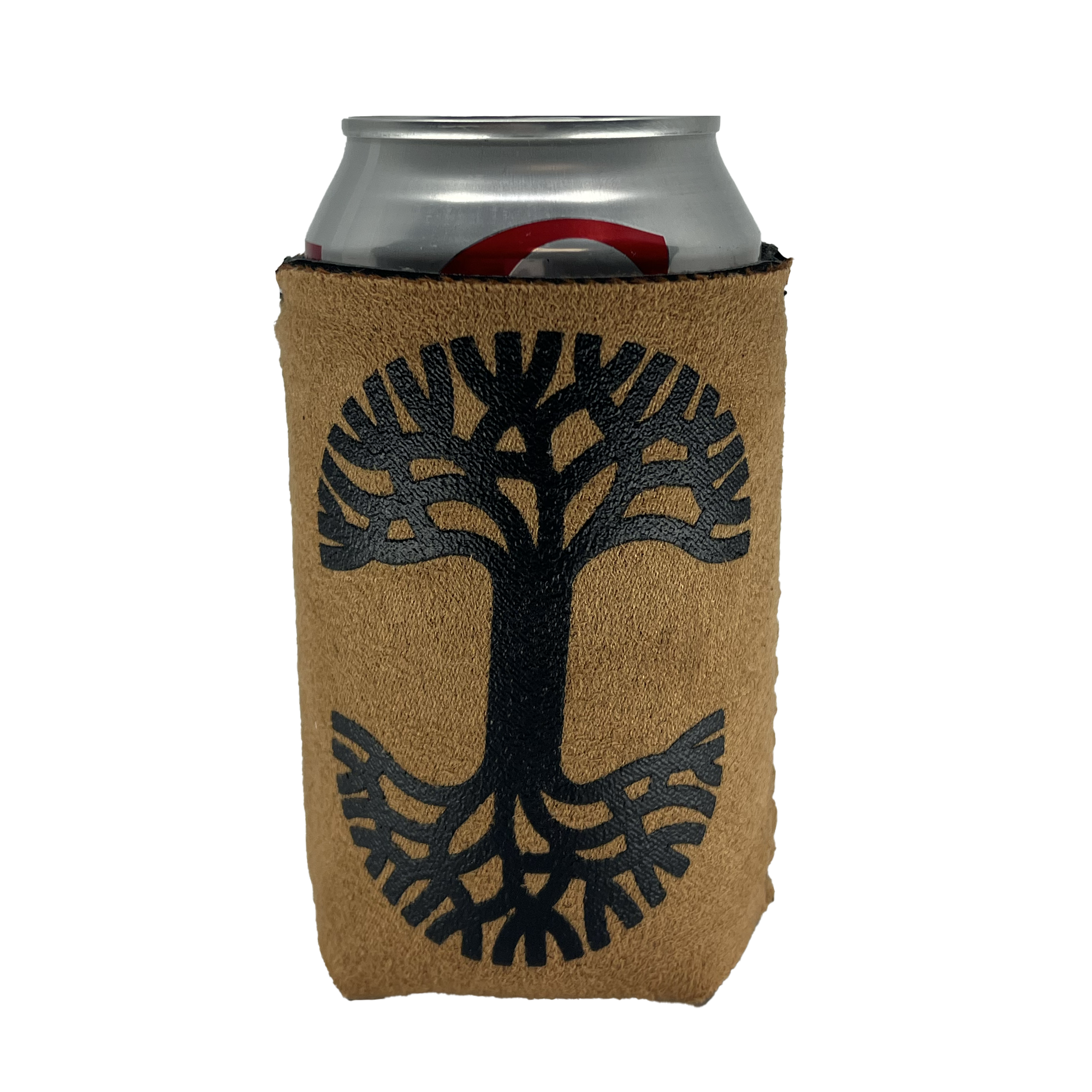 The Oaklandish Suede-ish Can Cooler by Oaklandish features a light brown, textured sleeve with a black tree design on it. The tree has large, spreading branches and roots that form a symmetrical shape resembling the letter "T". This cozy snugly fits around a silver beverage can and includes a neoprene interior for enhanced insulation.
