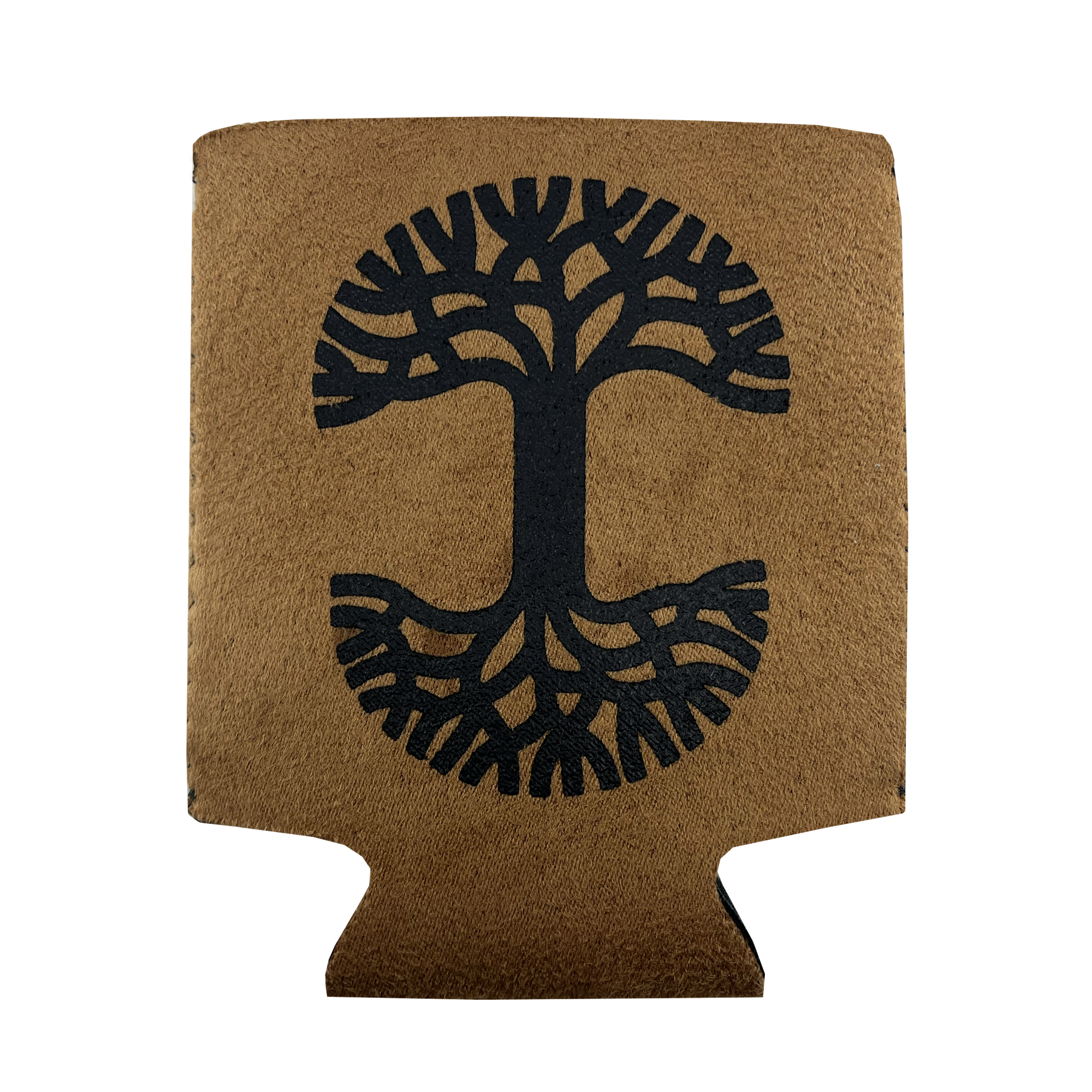 Flat front view (no can) of suede feeling brown can cooler drink sleeve with black Oaklandish tree logo on the front.