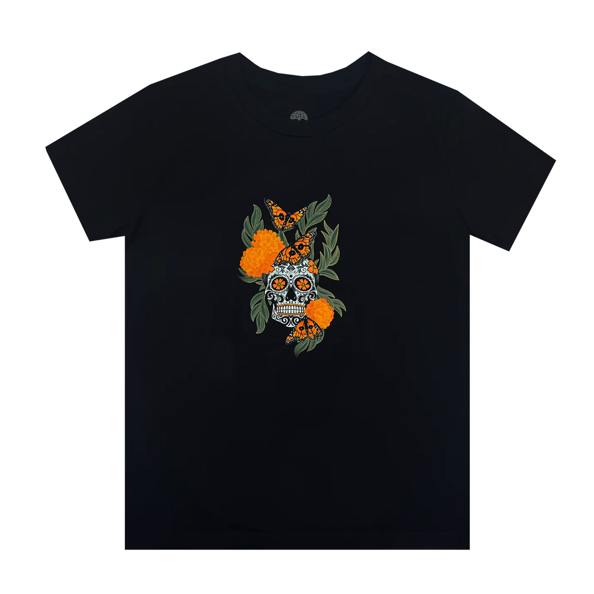 Black women’s t-shirt with graphic art by Oakland artist Jet Martinez depicting a sugar skull surrounded by Marigolds and Monarch butterflies.