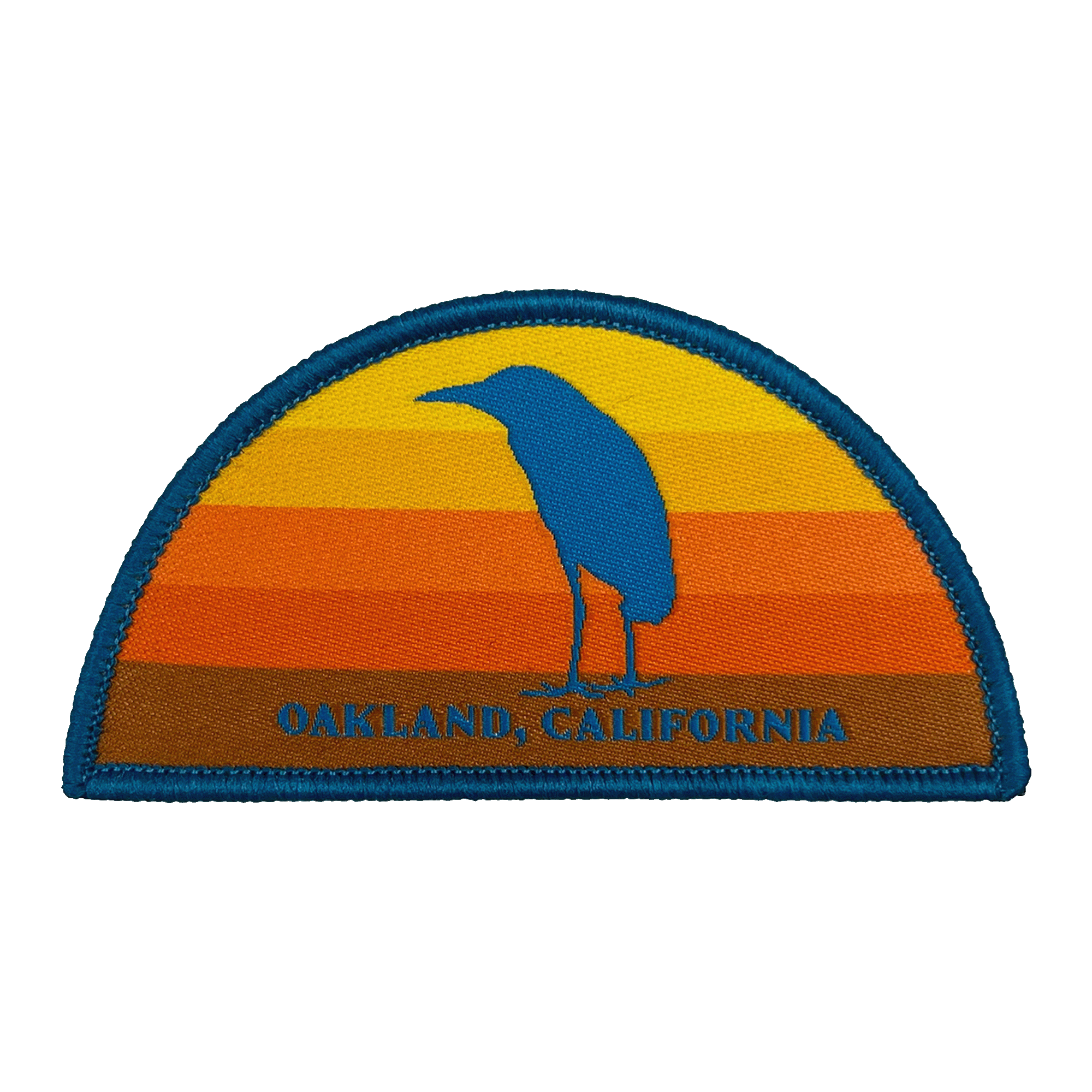 Multi-color iron-on half circle patch with night heron at sunset with Oakland, California wordmark.