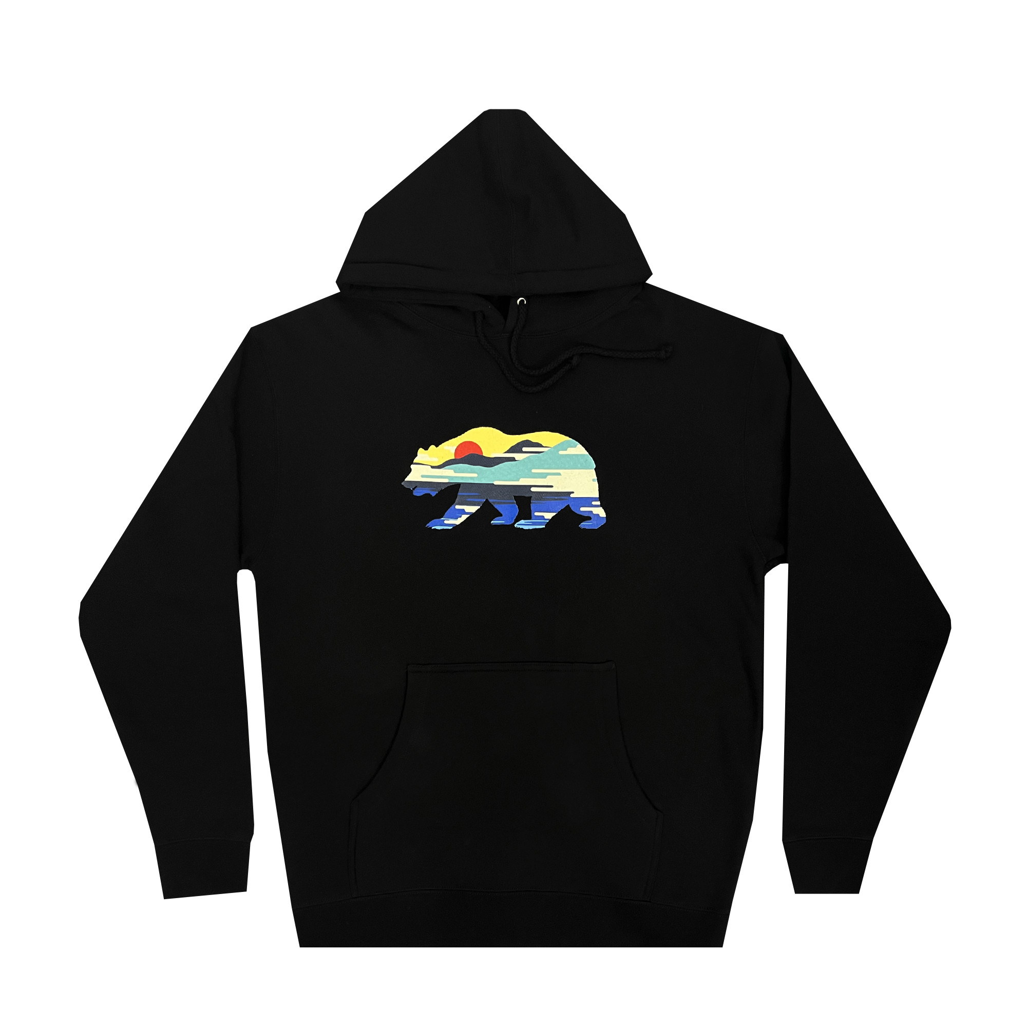 The Sunset Bear Hoodie from Never Elsewhere showcases a minimalist graphic of a California grizzly bear filled with a vibrant landscape pattern featuring a setting sun, mountains, water, and forests in hues of yellow, green, blue, and red. This black men's pullover hoodie includes a front pocket and drawstrings.