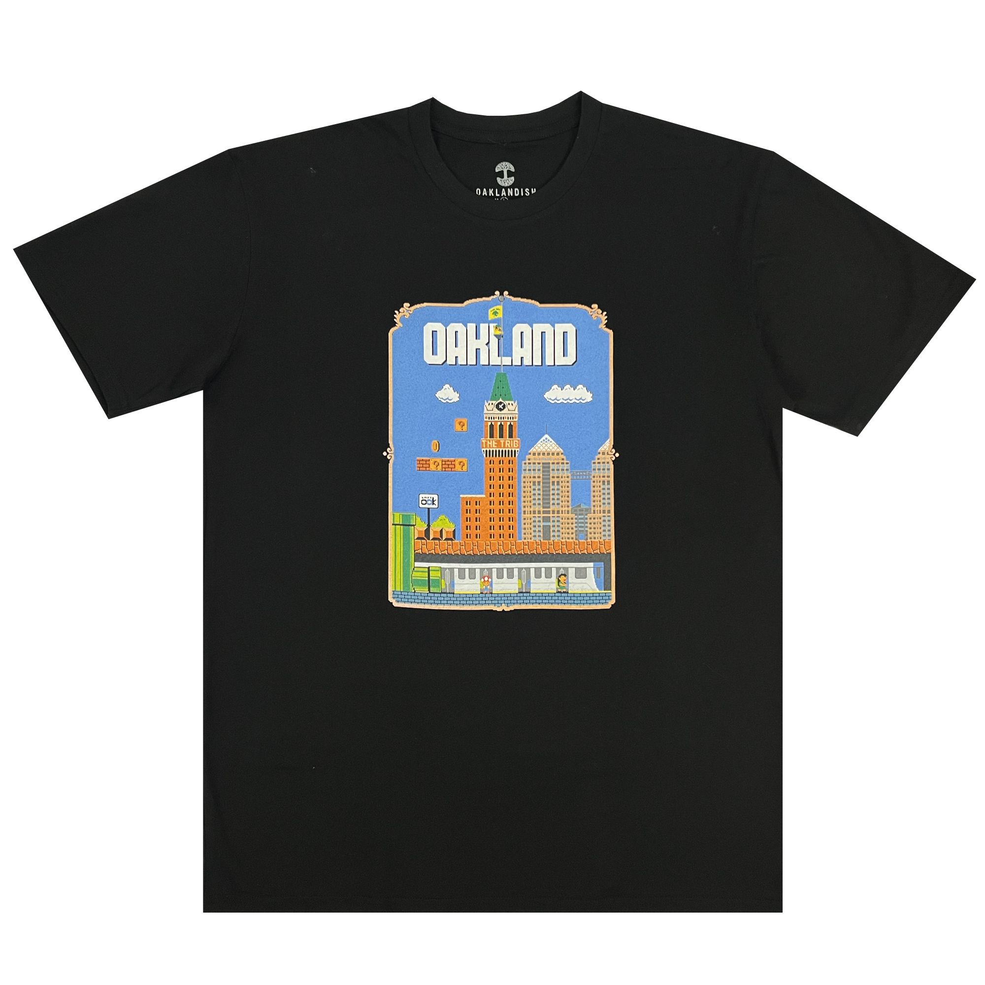 Black t-shirt with Super Mario style graphic with Oakland cityscape.