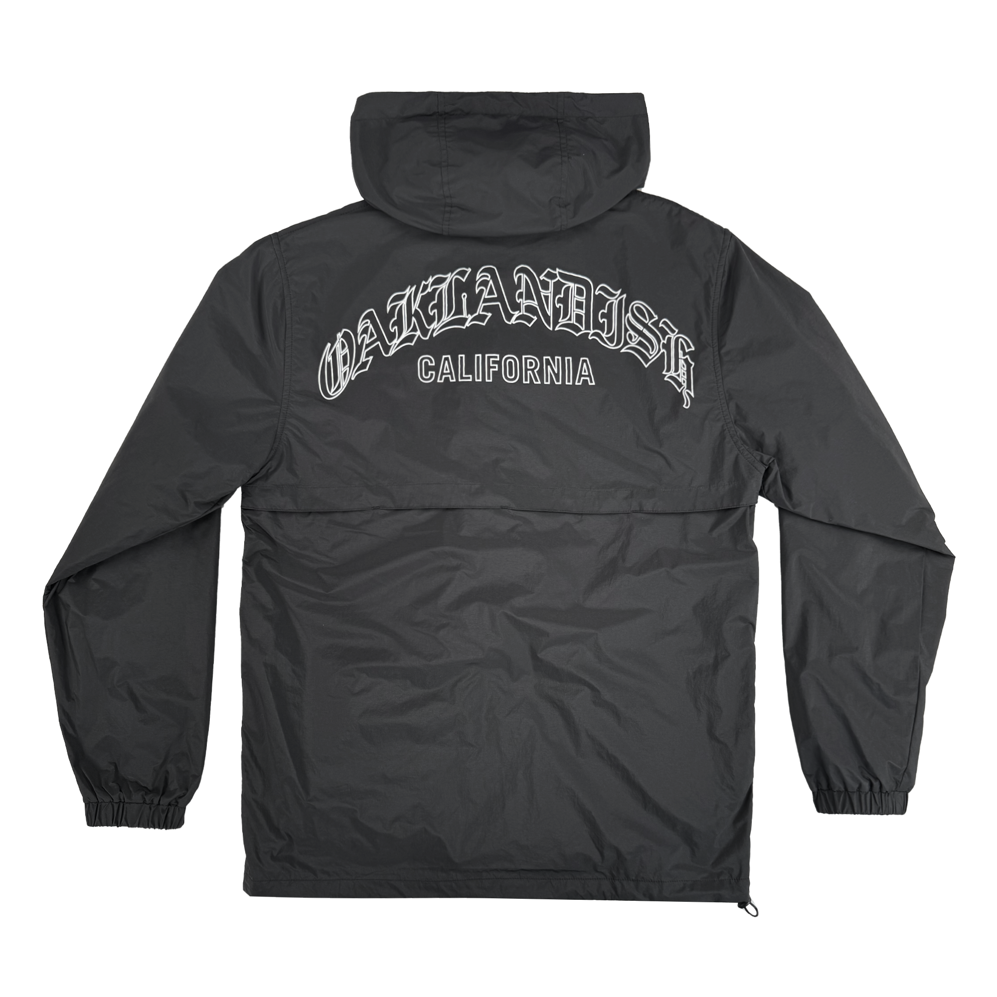 The Susurrus Track Top by Oaklandish is a black men’s hooded windbreaker with elastic cuffs and relaxed fit, featuring “OAKLANDISH CALIFORNIA” in bold white gothic lettering across the upper back. Shown flat on a white background.