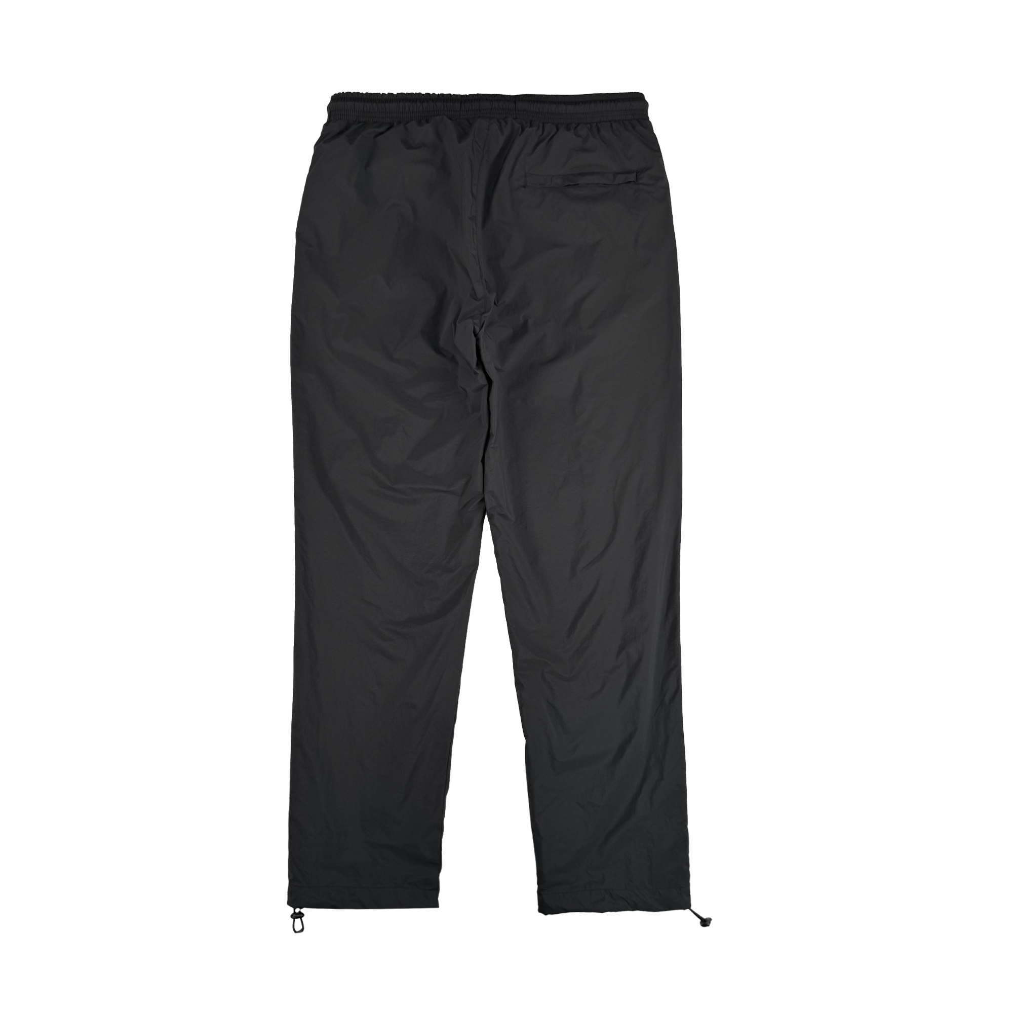 The Susurrus Track Bottom by Oaklandish is a pair of black nylon pants with an adjustable waistband, straight legs, and ankle drawstrings. Lightweight and versatile, they're ideal for casual or athletic wear. Displayed flat on a white background.