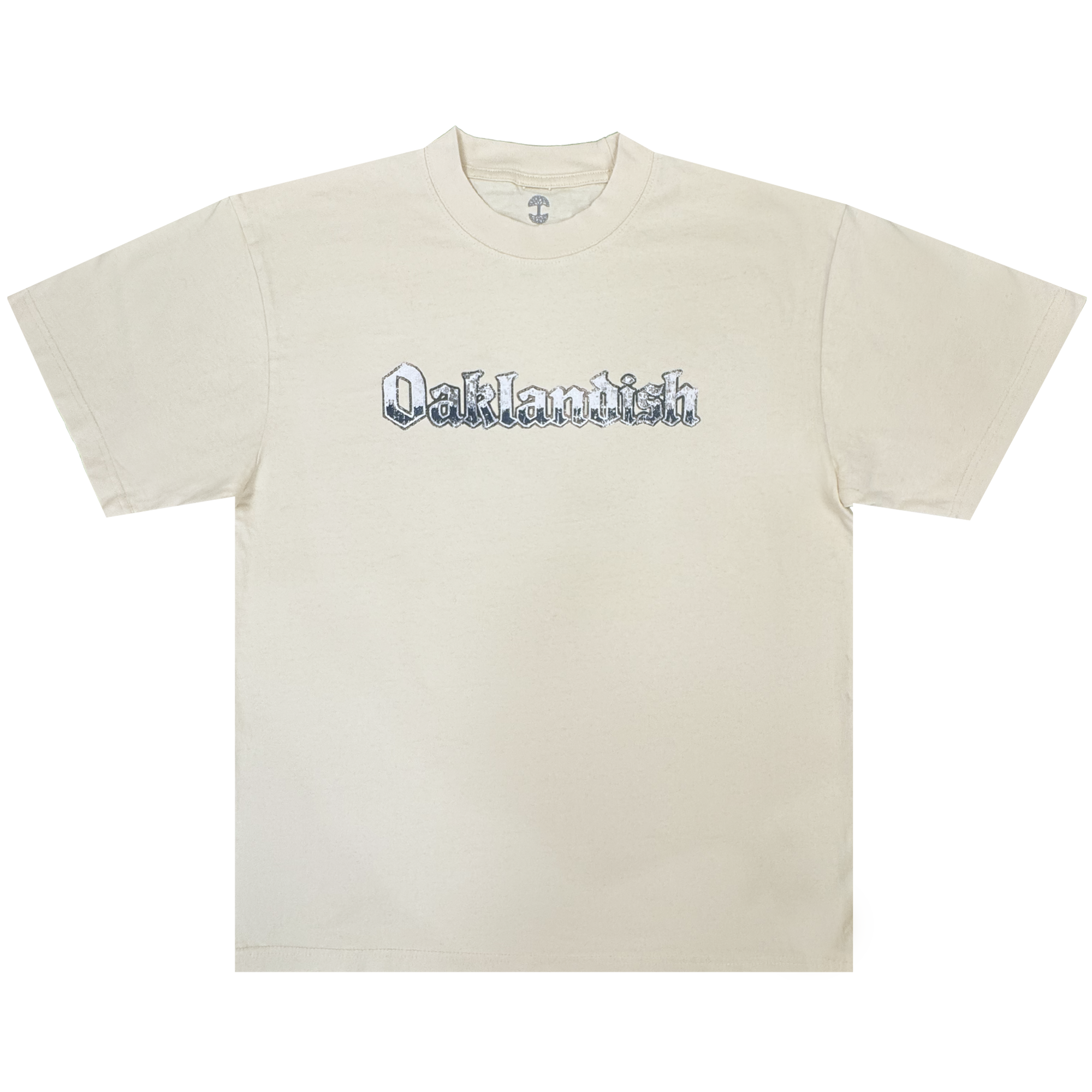 A cream-colored classic fit t-shirt, the Oaklandish Swoop Tee features the brand’s name in bold black Old English-style lettering across the chest. Made from heavyweight cotton, this men’s tee—shown laid flat on a white background—boasts short sleeves and a crew neckline.